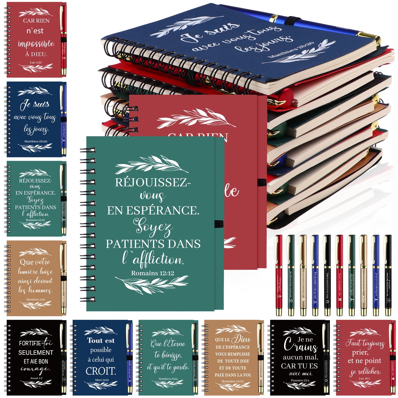 Coffret cadeau chrétien 20 carnets et stylos chrétiens en vrac journaux de prière avec versets bibliques stylo à bille religieuses inspirantes cadeaux pour lui elle collègue d'église,Multicolore