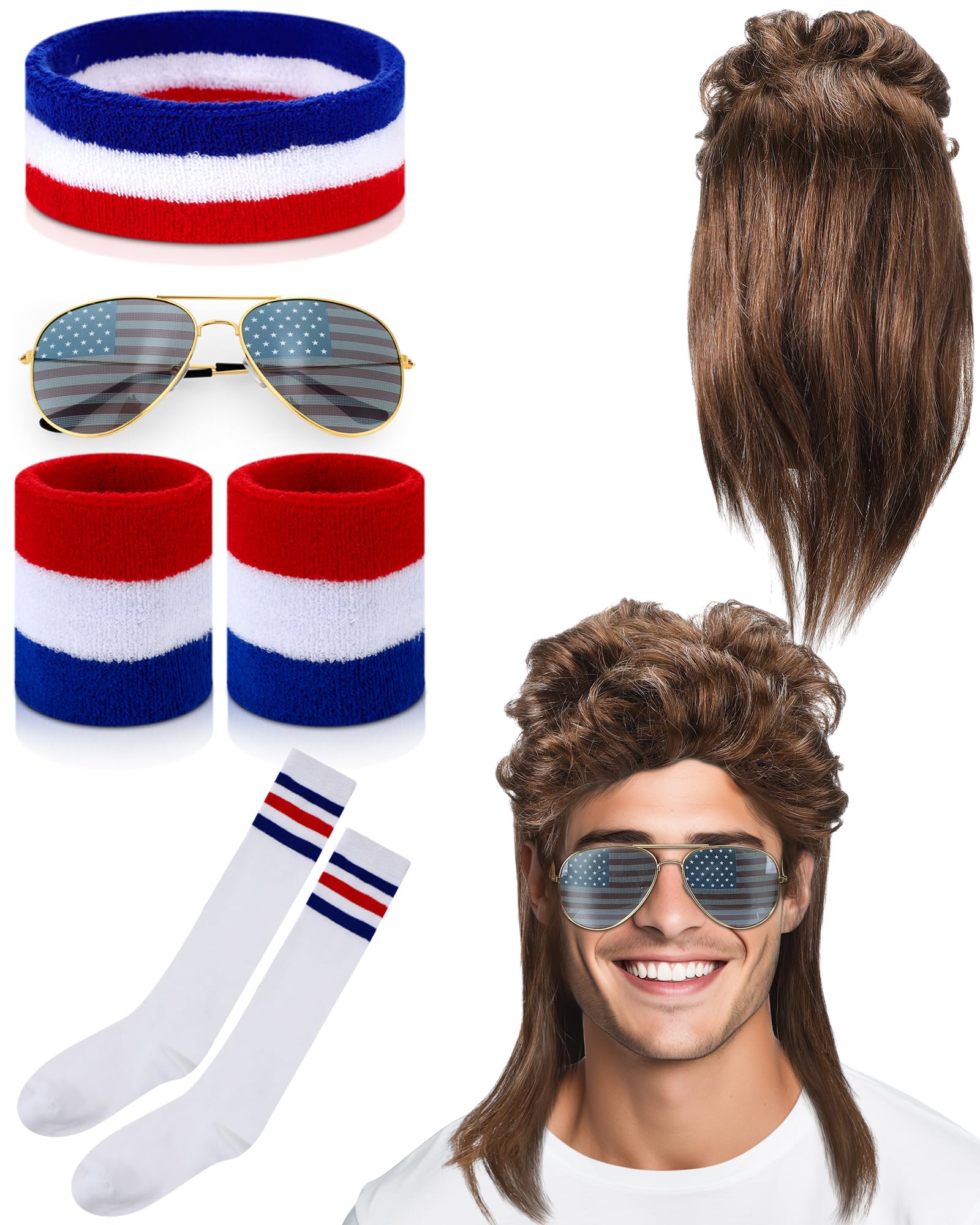 Mepase 5 Pcs 80s Mens Mullet Wig 250th Anniversary Patriotic Costume Accessories America Headband Wristband Sunglass Socks