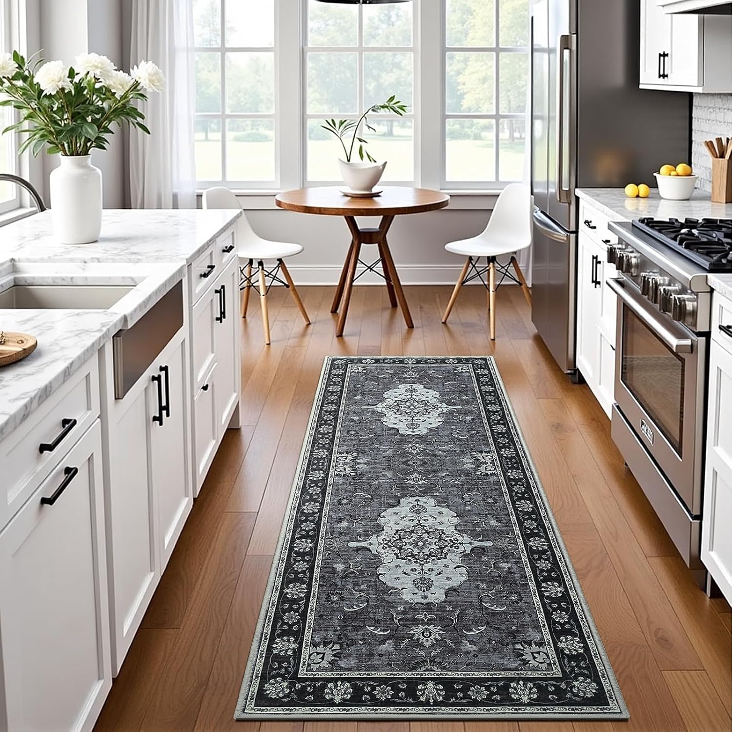 Runner Rug for Hallways Kitchen Rugs Non Slip 2×6 Washable Rugs with Rubber Backing Water Repellent Floor Carpet Low Pile Soft Floral Carpet for, Laundry, Bedroom, Bathroom Black/Grey