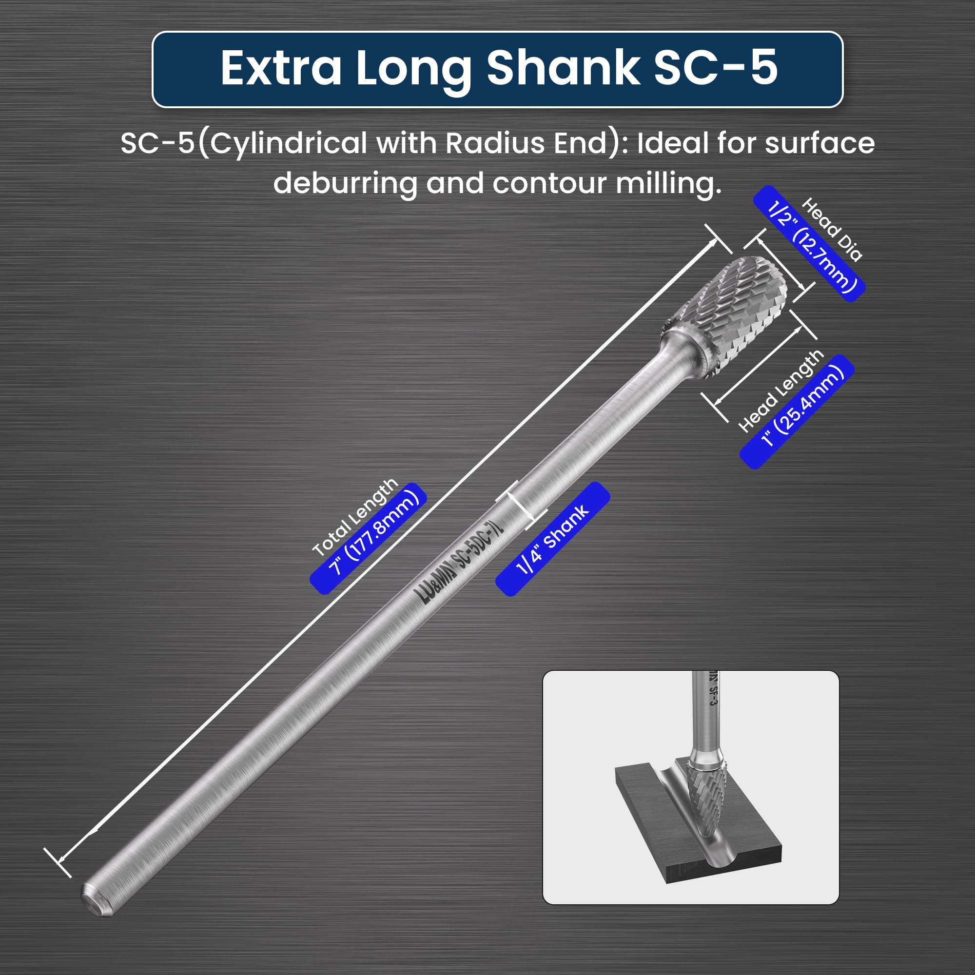 LU&MN SC-5 Tungsten Carbide Burr, 1/2"×1" Head, 1/4"×6" Shank, 1 PCS — Amazon image 2