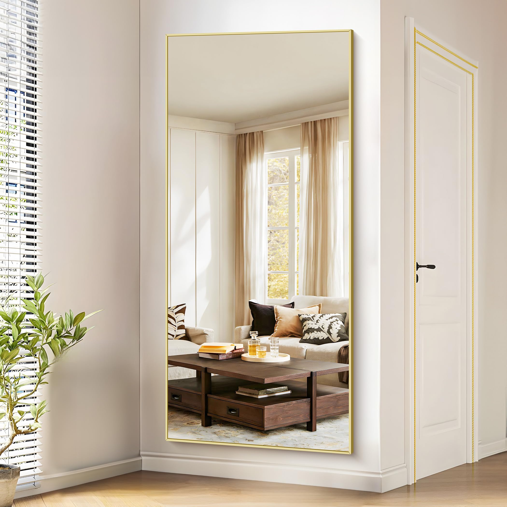 COFENY Spiegel Ganzkörper, 192 x 85 cm Spiegel Groß Wandspiegel mit Schwarzer Rahme, Spiegels Stehend, Anlehnen oder Hängen, Spiegesl Gold für Schlafzimmer, Wohnzimmer, Flur