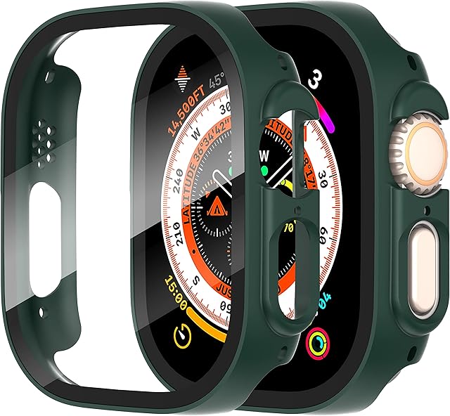 Diruite 2-Pack Screen Protector for Apple Watch Ultra/Ultra 2 49mm Tempered Glass Case,All Around Hard Matte PC Protective for iWatch Ultra/Ultra 2 49mm Cover-Green