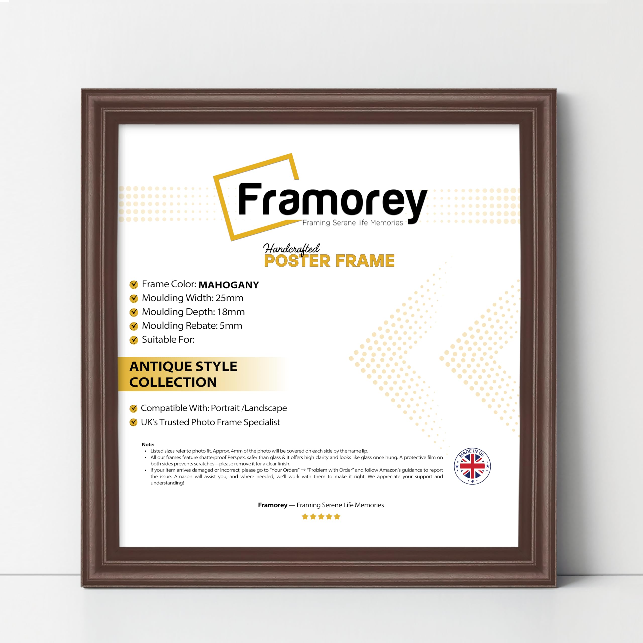 Framorey Framing Serene Life Memories Mahogany Framorey Square Picture Frame, 35X35cm Size Photo Frames, Lw Antique Poster Frame, Wall Hanging Oxford Frames, Premium Wooden Effect Frame