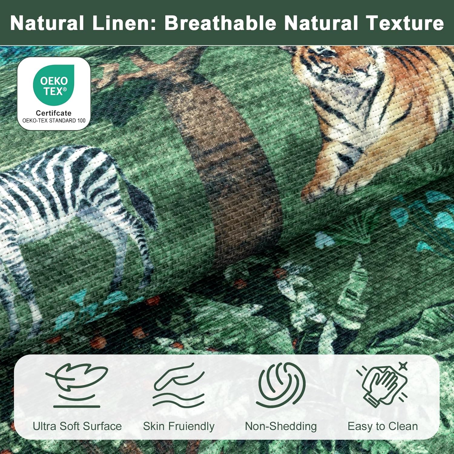 Yamaziot Hallway Runner Rug 2x8 – Jungle Animal Print Linen Rug with Non Slip Backing, Low Pile Washable Distressed Boho Carpet for Indoor Outdoor Rug, Kitchen, Bedroom, Entrance, Forest Green