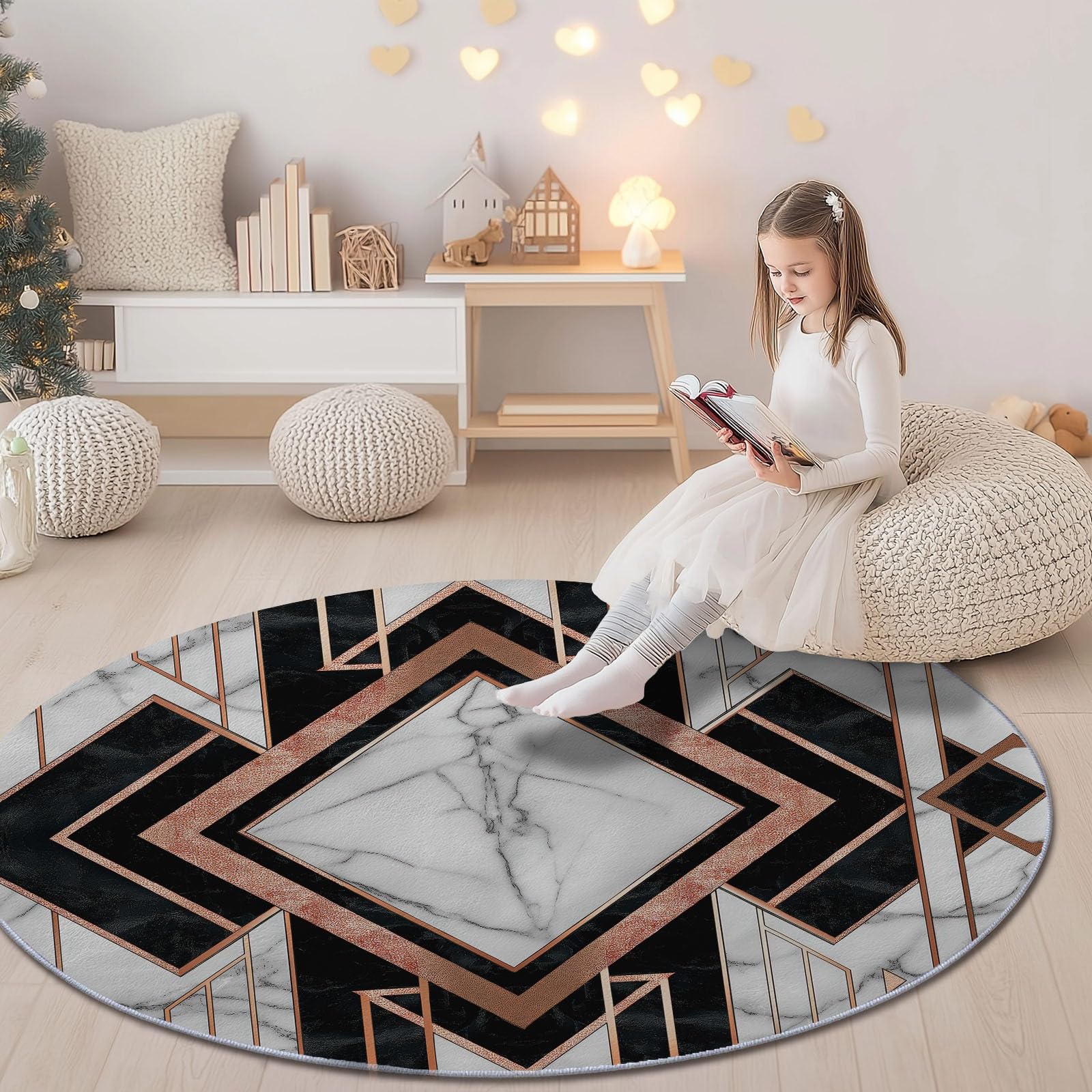 Teppich Rund 100 cm Waschbar rutschfest Teppiche Wohnzimmer, Modern Geometrisch Luxuriös Marmormuster Teppiche Kurzflor Mehrfarbig Weich Runder Teppich for Schlafzimmer Studie Büro