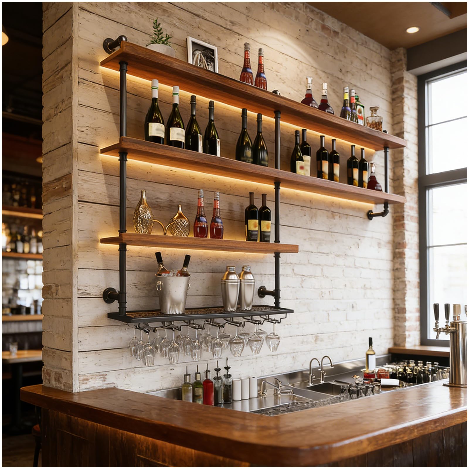 Photo 1 of TAUODUYY 70.9in Large Wine Rack with LED Light, 4 Tiers Solid Wood Wall Mounted Wine Rack, Industrial Liquor Bottles Floating Shelves with Glass Holder for Home Bar/Dining Room (70.9in/180cm)