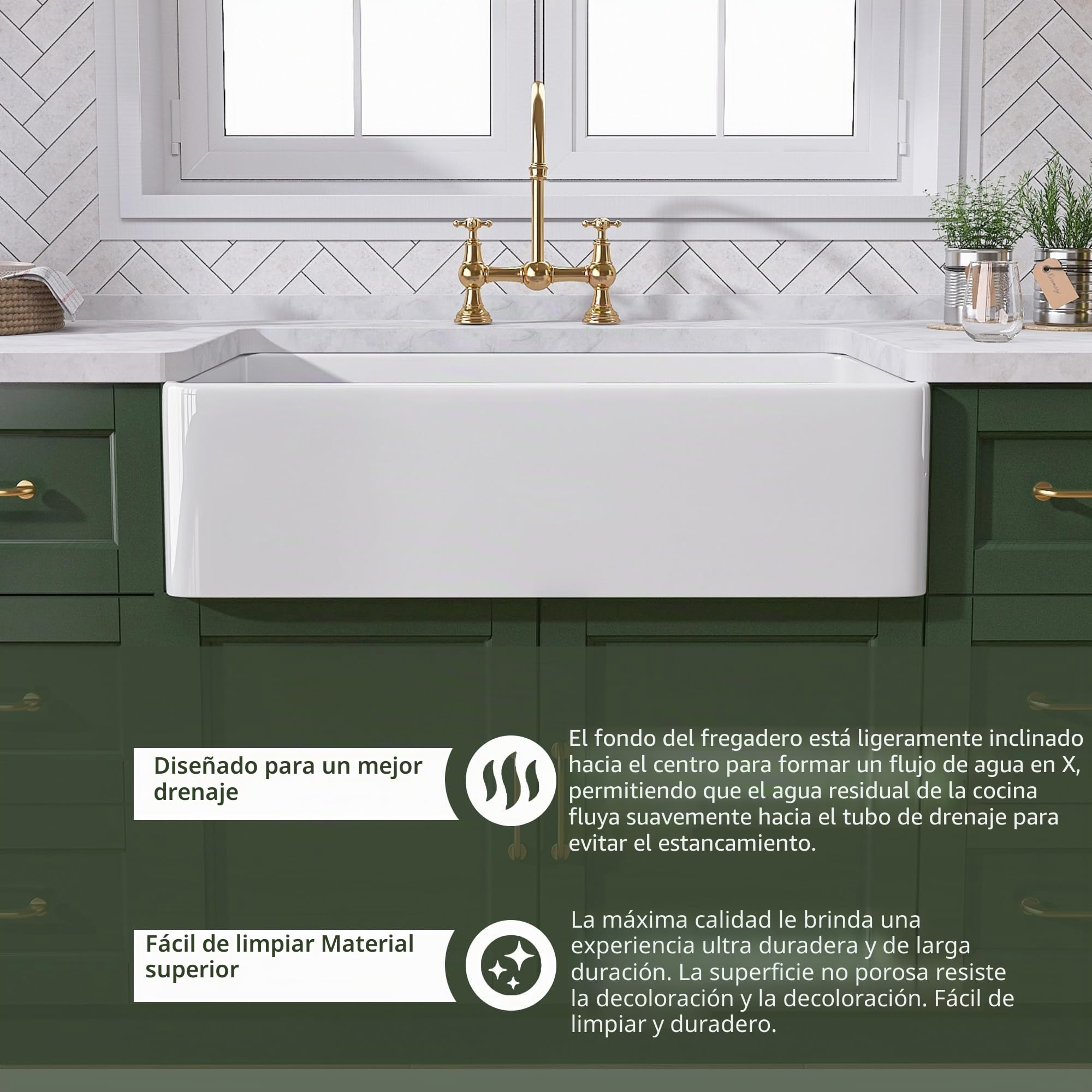 TUKTUK Fireclay Farmhouse - Delantal de fregadero de cocina frontal de un solo tazón para fregadero de cocina profundo con rejilla inferior personalizada y colador