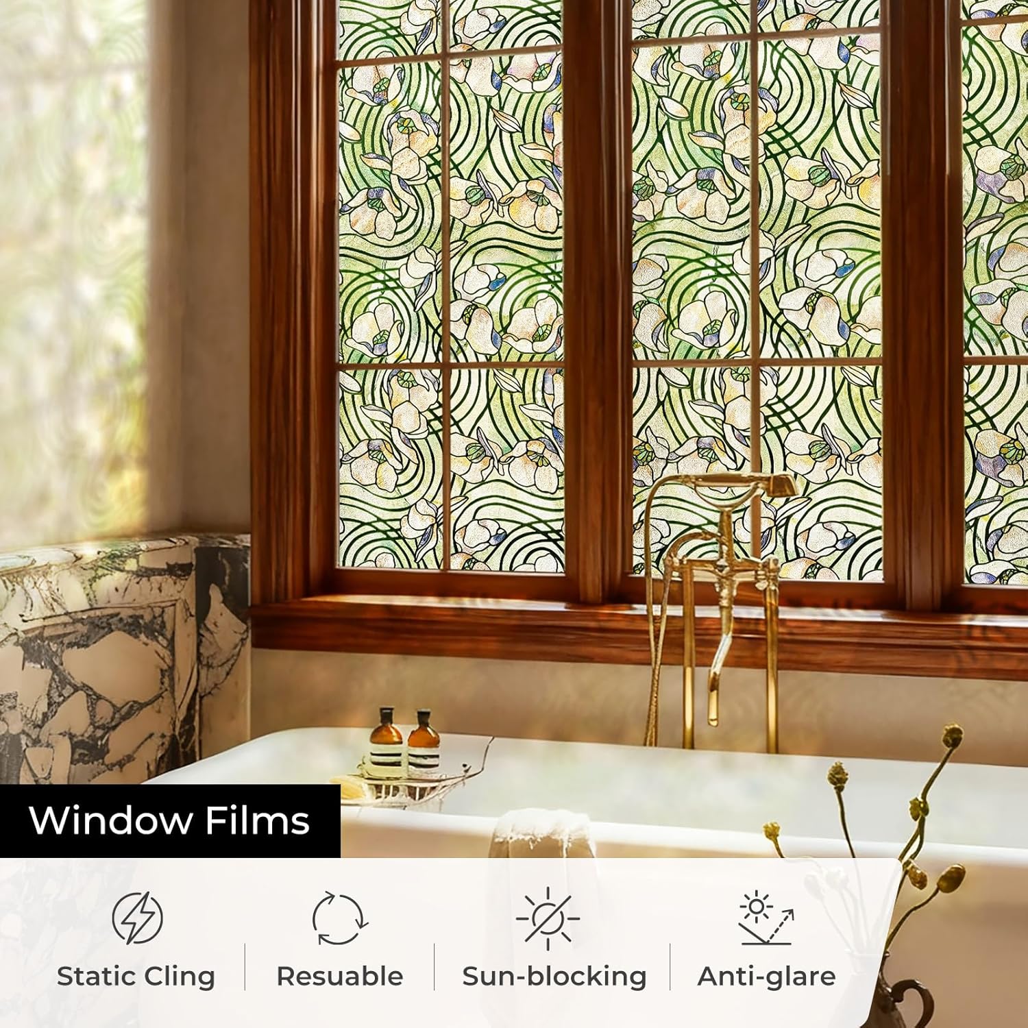 3D Stained Glass Window Film, Decorative Window Privacy Film for Bathroom,Front Door,Home, Sun Blocking Heat Control,Static Cling,23.6inch x 35.4inch Dancing Plant