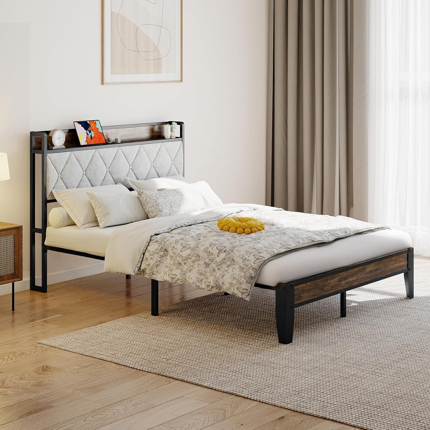 DUMOS Full Bed Frame with Headboard, Platform Storage Bed with USB Charging Station, No Tool Assembly, Squeak-Free Strong Metal Frame, No Box Spring Needed