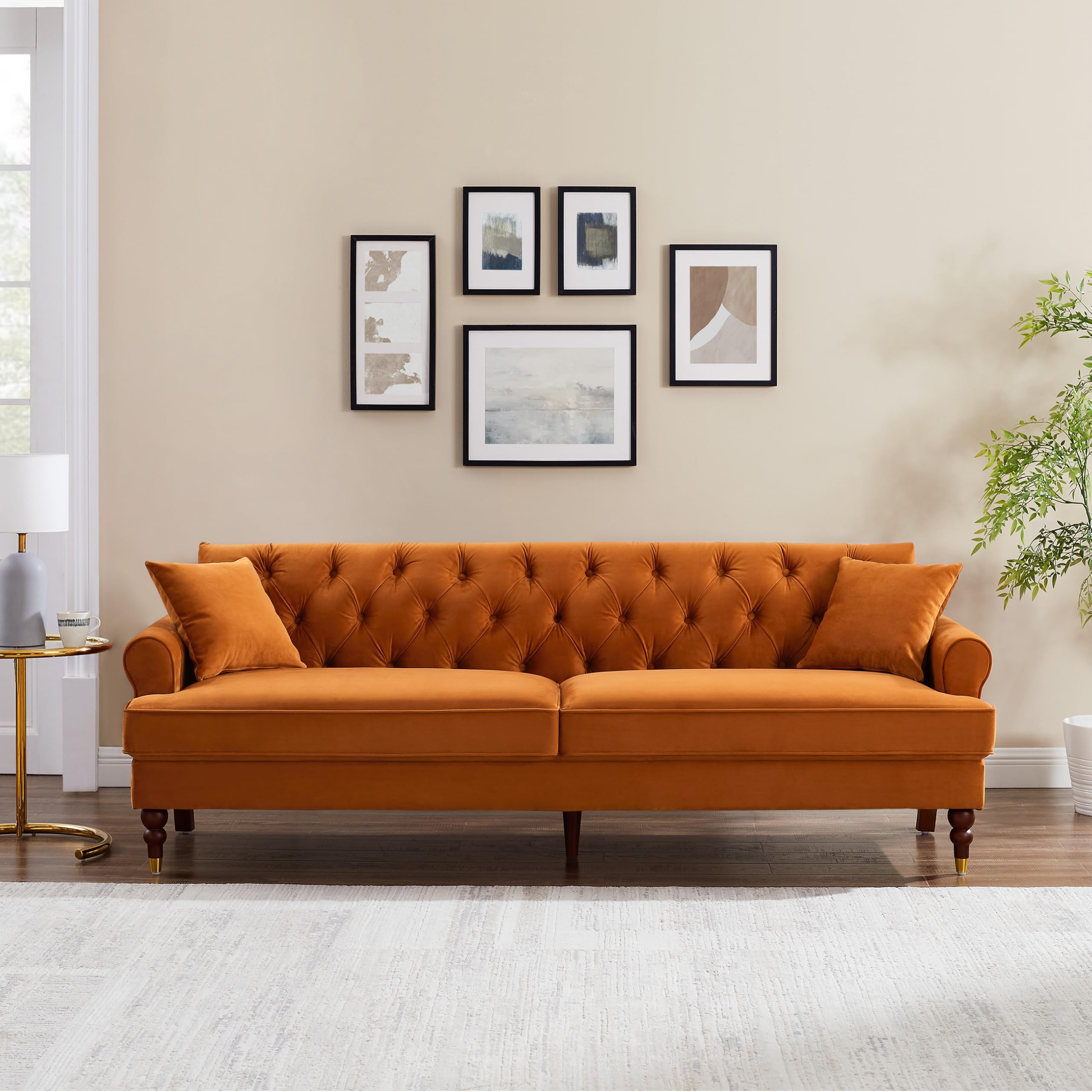 86" Velvet Sofa, Mid-Century Modern Tufted Loveseat, 3 Seater for Living Room, Comfy Couch with Upholstered Cushion, Small Sofa for Bedroom Apartment Office (Curry)