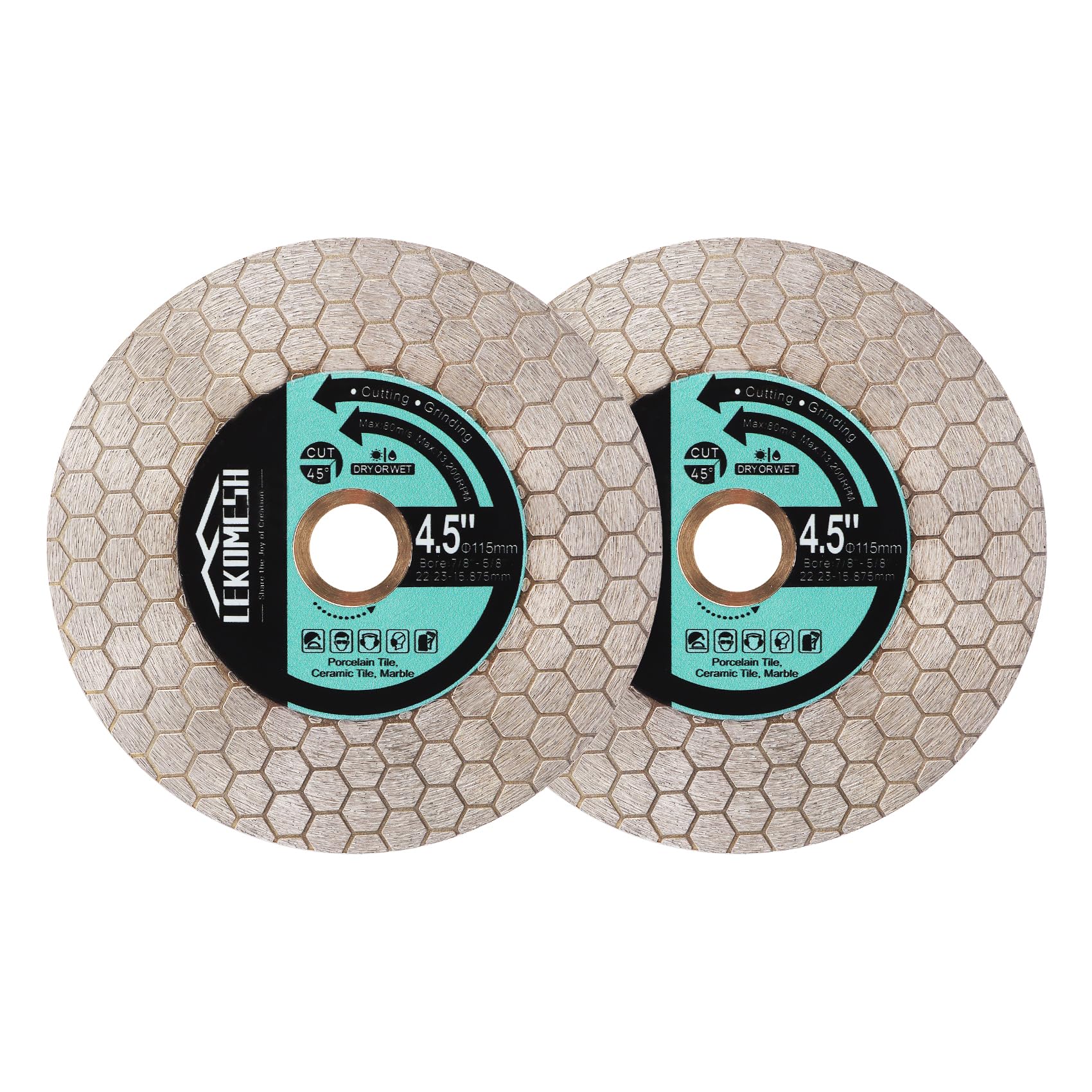 LEKOMESH Tile Blade 4.5"/115mm - 2pcs Diamond Saw Blade Hexagon Design for Cutting and Grinding Granite Marble Ceramic Porcelain Tile,Arbor 7/8"-5/8"
