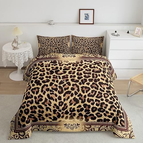 Juego de edredón con estampado de leopardo marrón, tamaño King, decoración de habitación para niños y niñas, edredón abstracto de piel de animales