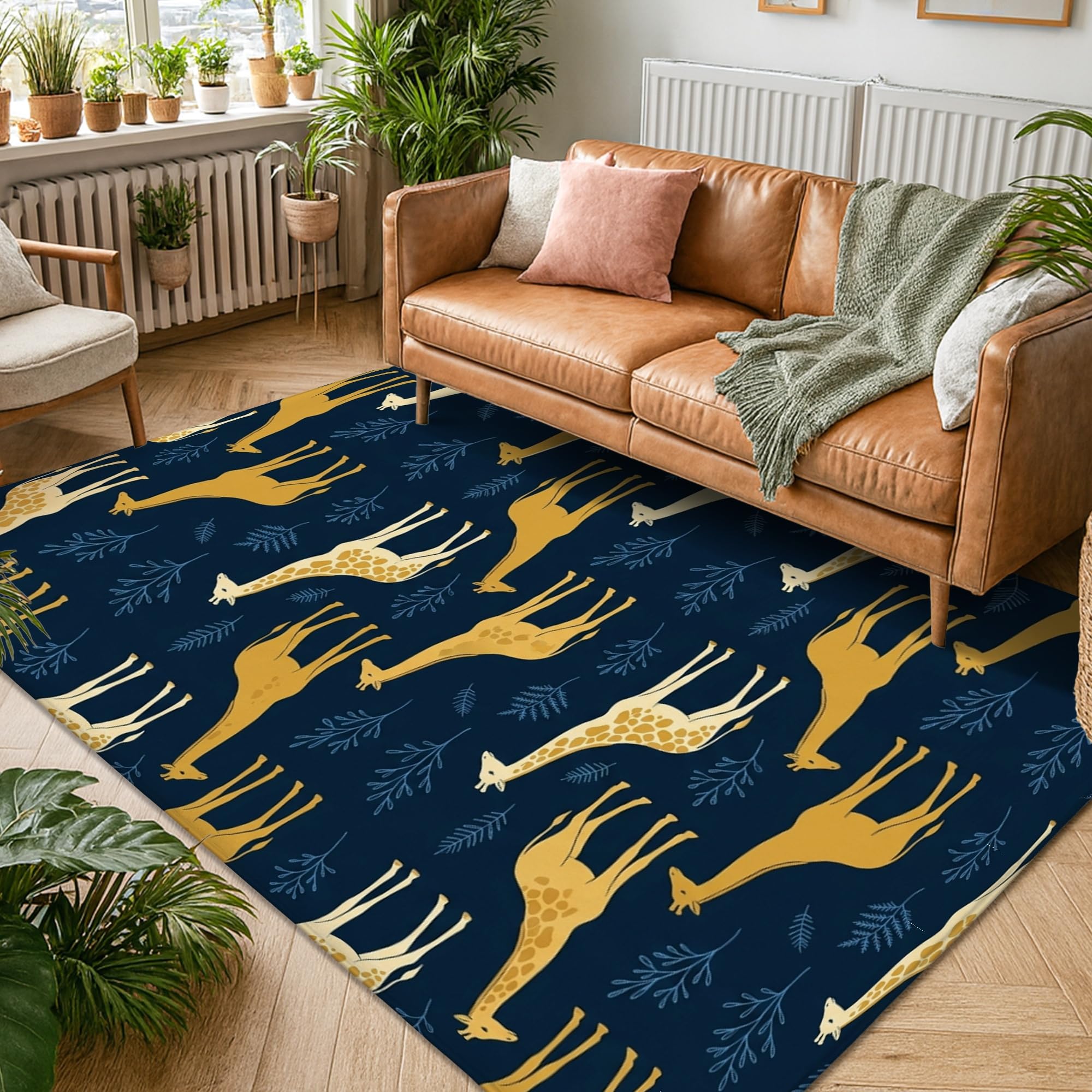 Alfombra de área de jirafa, diseño de hojas de animales naturales, sin esponja, de pelo bajo, suave, rectangular, resistente a las manchas, para sala de estar, dormitorio, debajo de la cama