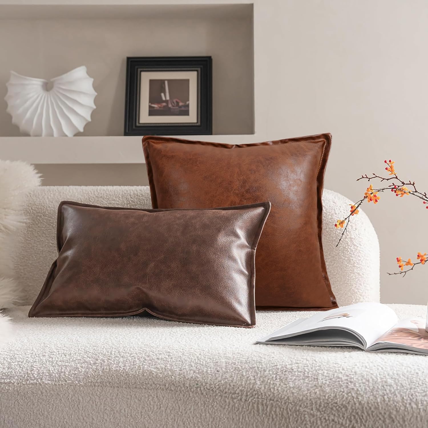 JASEN Faux Leather Decorative Throw Pillow Covers Modern 18x18 inch, Farmhouse Cushion Cases Luxury Pillowcases for Couch Bed Sofa Living Room Set of 2 (Light Brown, 18" x 18")