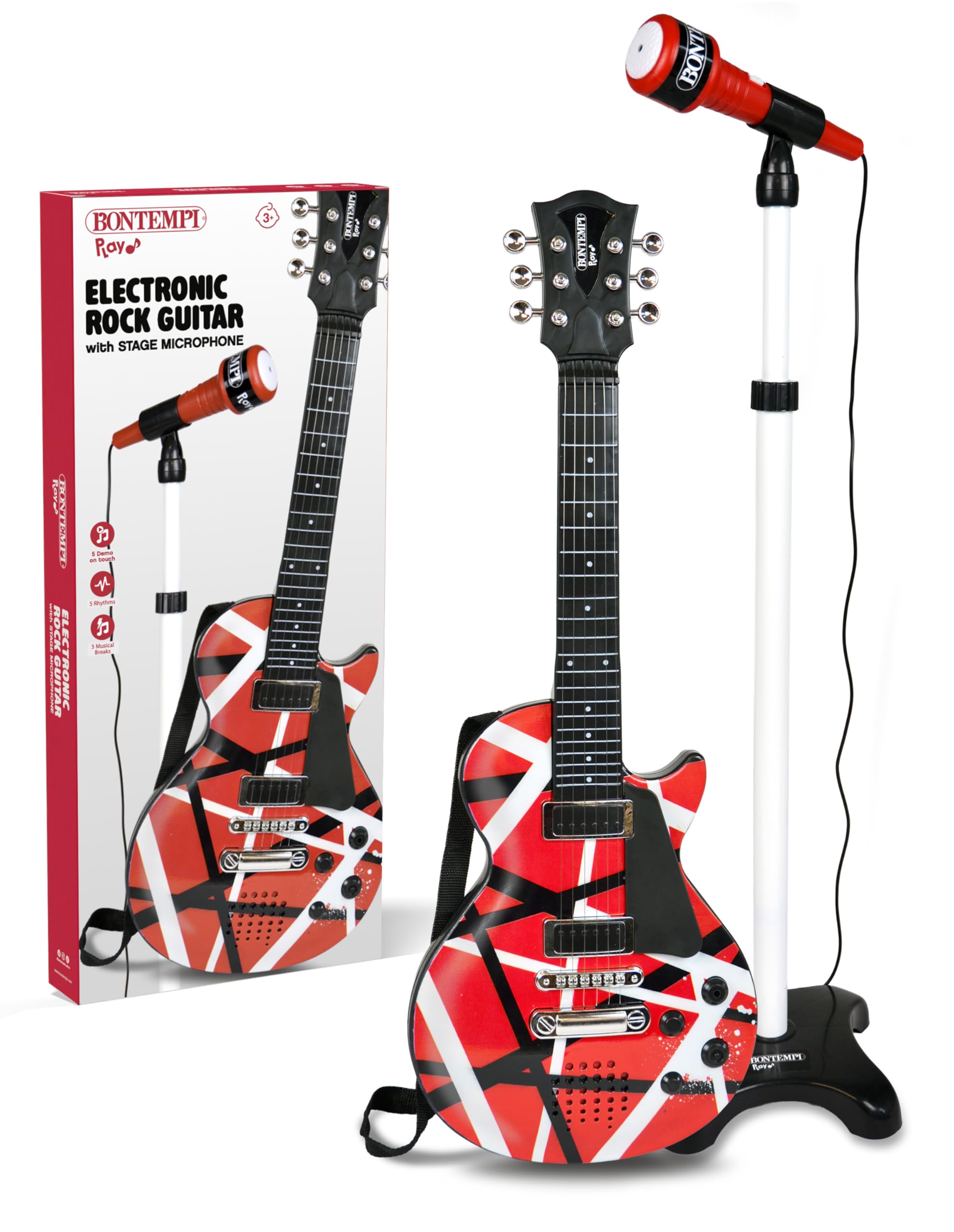 BONTEMPI - Chitarra Rock Elettronica con 6 Corde di Metallo 5 Demo Rock 3 Stacchi Musicali 5 Ritmi Spegnimento Automatico Cinghia Tracolla Presa Microfono 560mm
