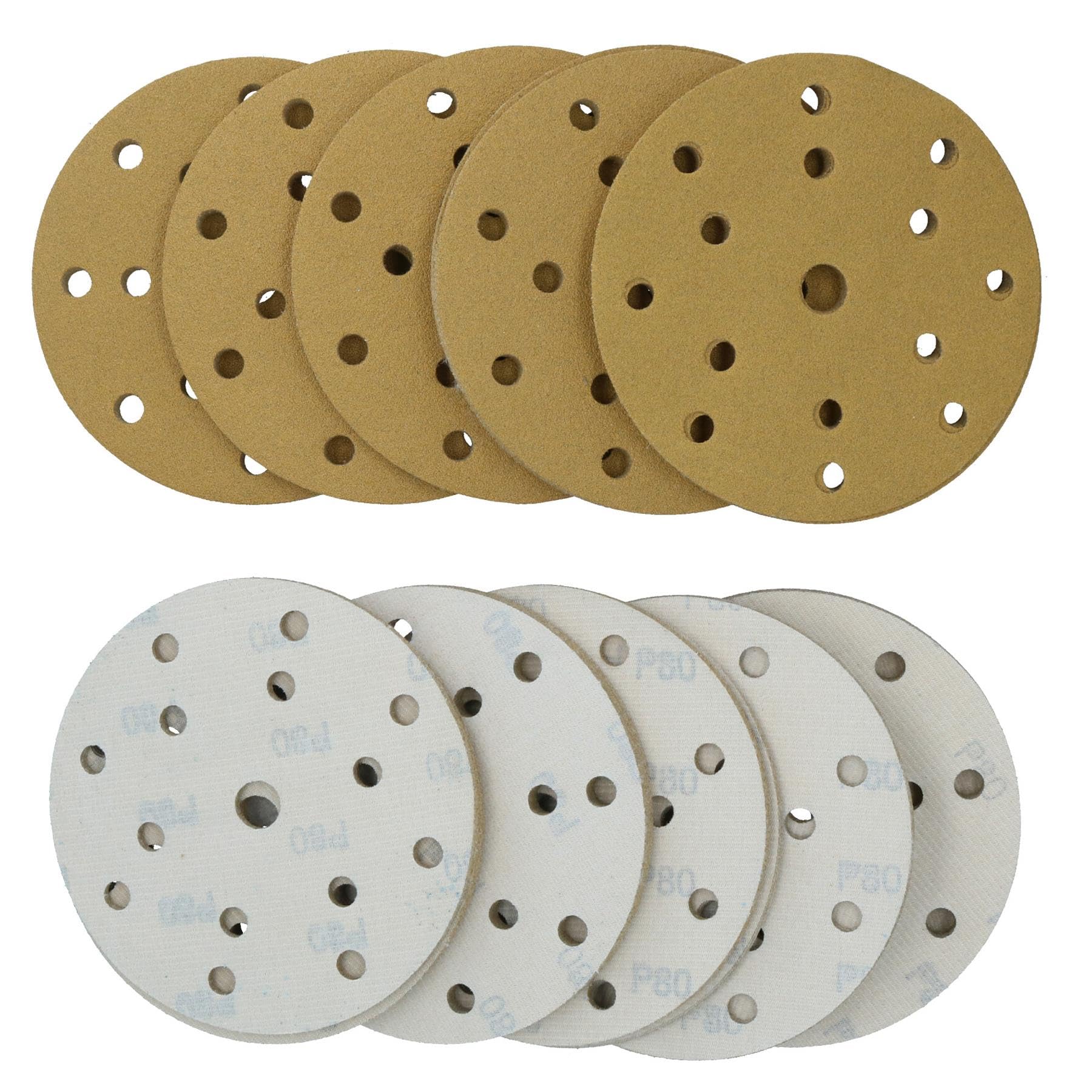 Discos de lijado de 150 mm, óxido de aluminio abrasivo, grano 80, gancho de 15 agujeros + bucle, 200 unidades