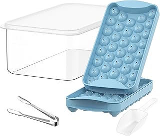 ICEXXP Ice Cube Tray with Lid and Bin, Round Ice Cube Trays for Freezer with Ice Box, Making 72 x 1IN Small Ice Cube Tray for Drinks, Stackable Ice Trays with Storage Ice Bucket Bin, Ice Tong & Scoop
