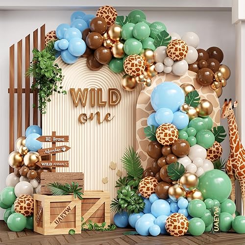 Safari Jungle Wild - Juego de guirnalda de arco de globos, 157 globos de arena verde salvia, marrón, pastel, azul, blanco, con estampado de jirafa,