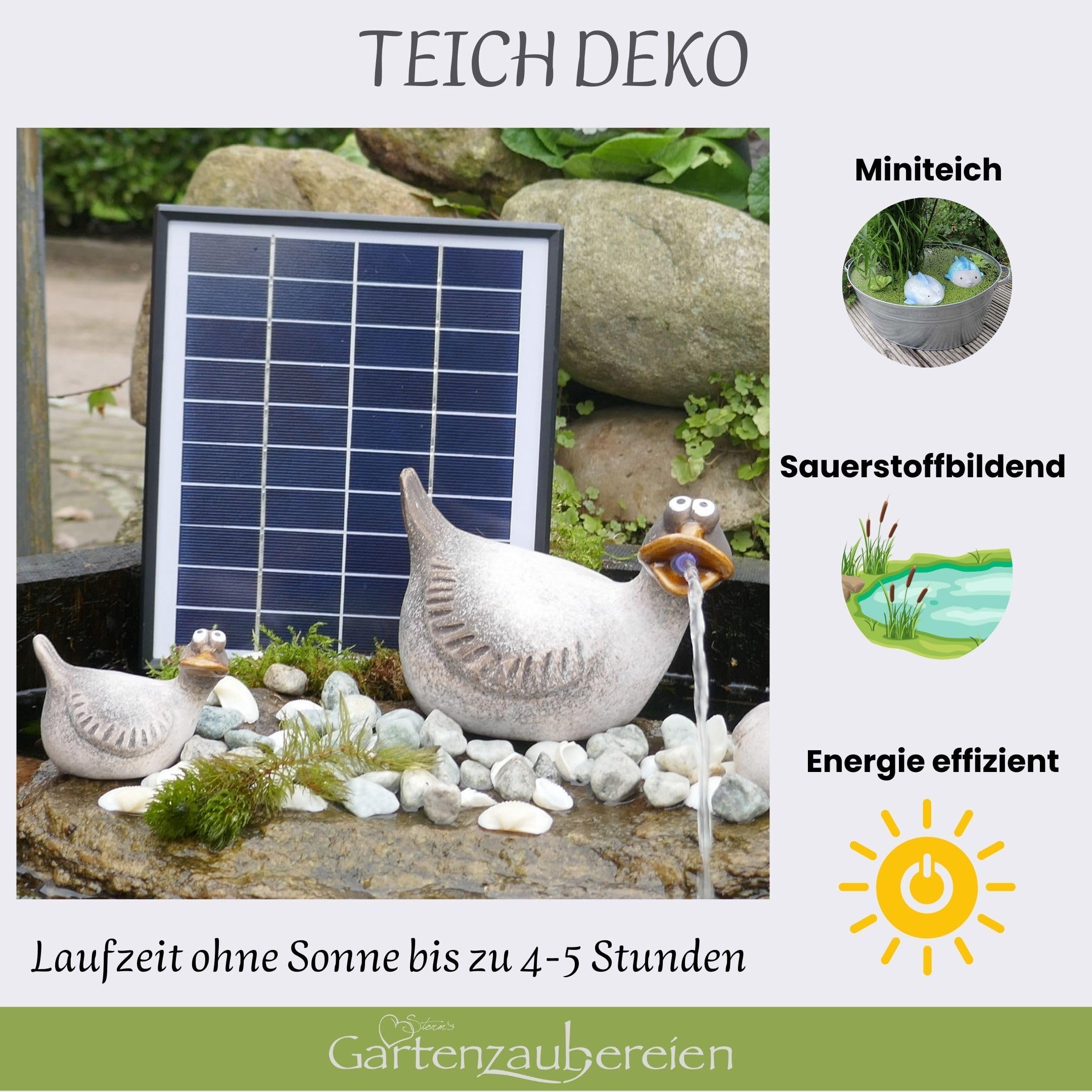 Storm's Gartenzaubereien Solar-Wasserspeier mit Akku-Pumpe Ente für Teiche & Miniteiche - Keramik Tierfigur - Garten & Balkondeko, Solarbrunnen