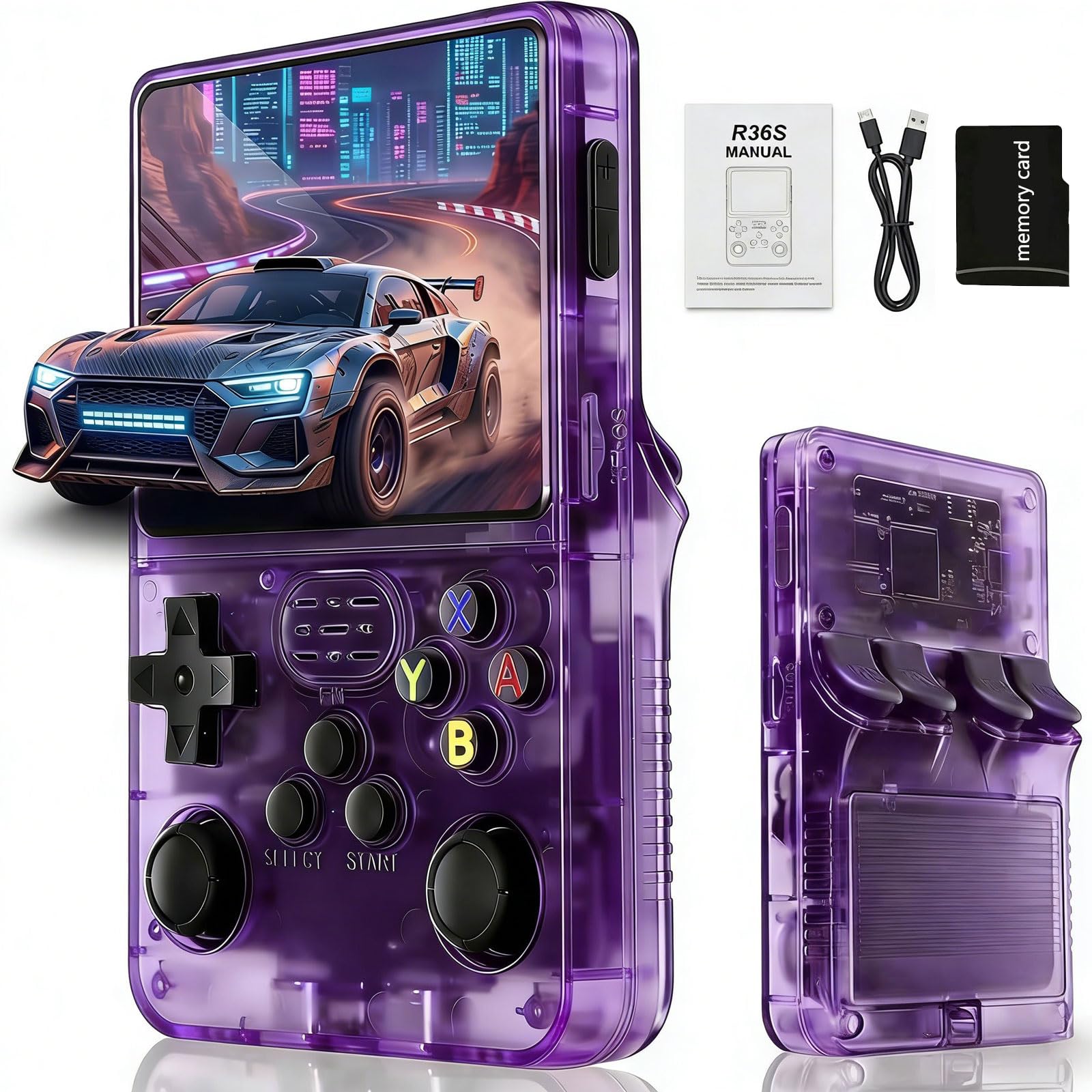 R36S Console di Gioco Retro Portatile con Schermo IPS HD da 3,5 Pollici (640×480), Dual Joystick, Batteria da 3500 mAh e Supporto (Viola Fantasma)
