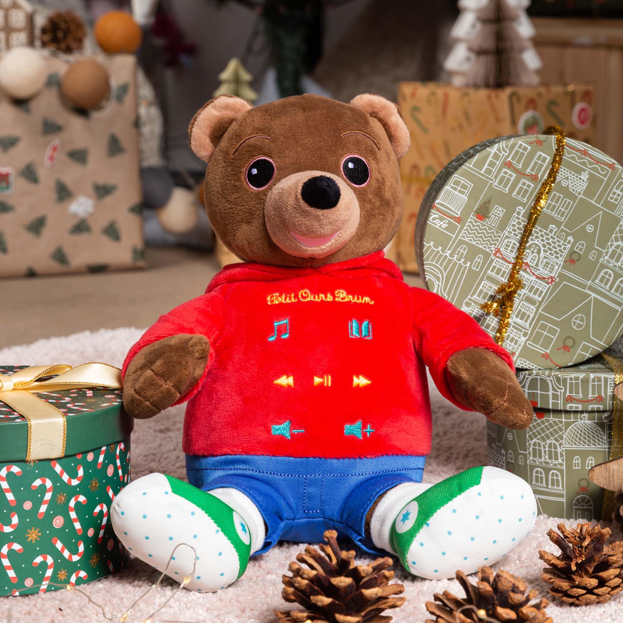 Peluche Interactive Petit Ours Brun 50 Ans 28 cm Marron Rouge Boîte Cadeau Version FR