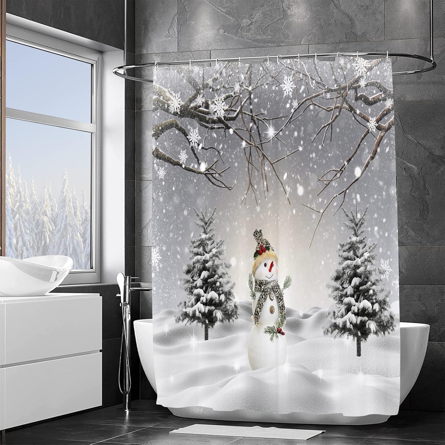 Jbralid Winter Christmas Snowman Shower Curtains Snow Scene Pine Tree Waterproof Bath Curtain for Bathroom Xmas Holiday Bathroom Shower Curtain Set with Hooks 72x72 Inch