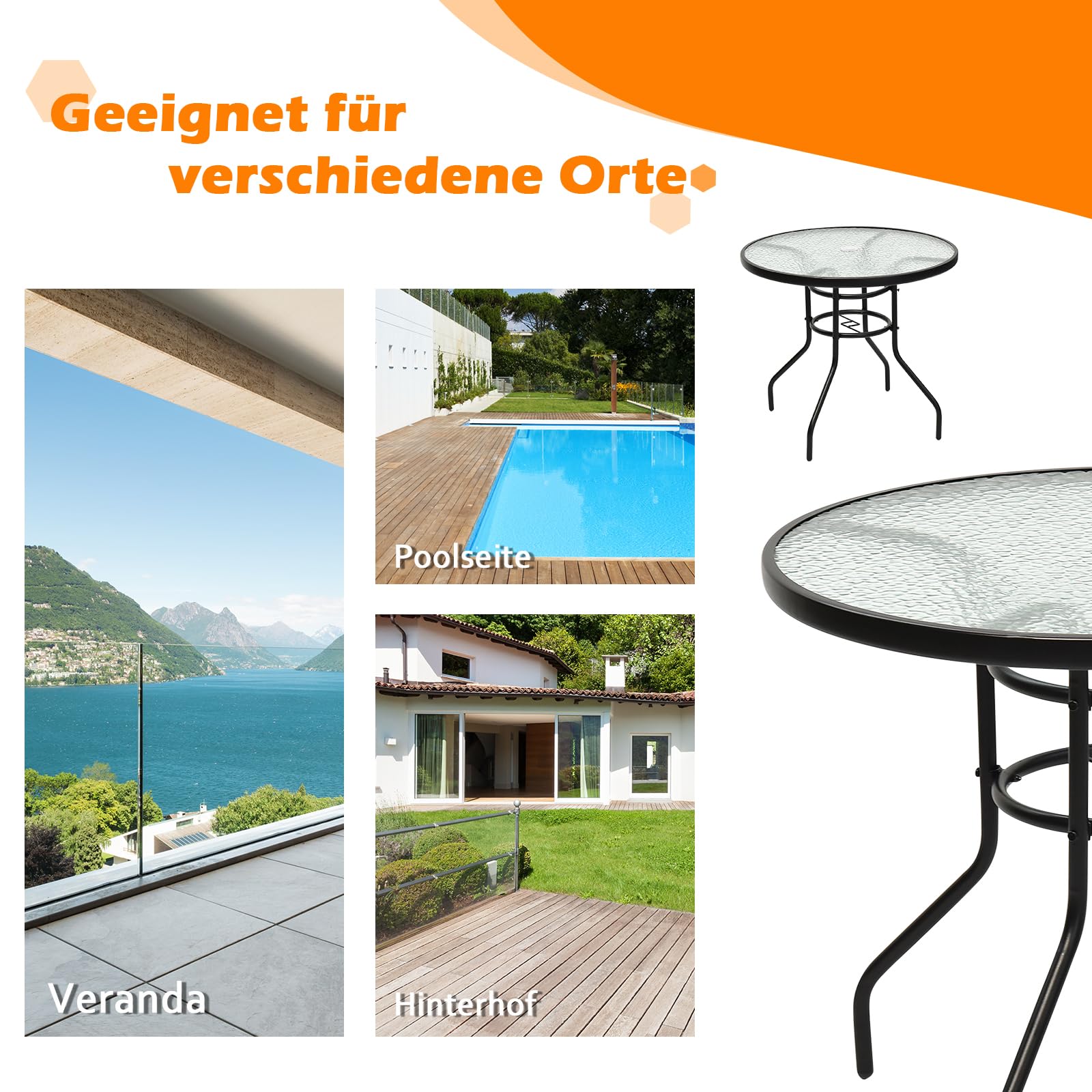 GYMAX Gartentisch rund 80 cm, Balkontisch klein mit Schirmloch, Beistelltisch Outdoor Wetterfest mit Glasplatte & Metallgestell, Terrassentisch für Balkon & Garten