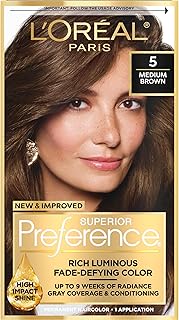 L'Oreal Paris Superior Preference Luminous Fade-Defying Permanent Hair Color, Hair Dye For Up to 9 Weeks of Radiance, Medium Brown 5, 1 Hair Dye Kit