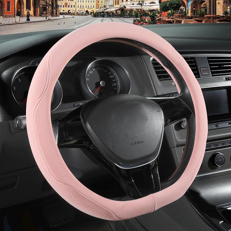 Capa para volante em camurça sintética rosa, formato D, 37–38 cm, Binsheo, 1 unidade