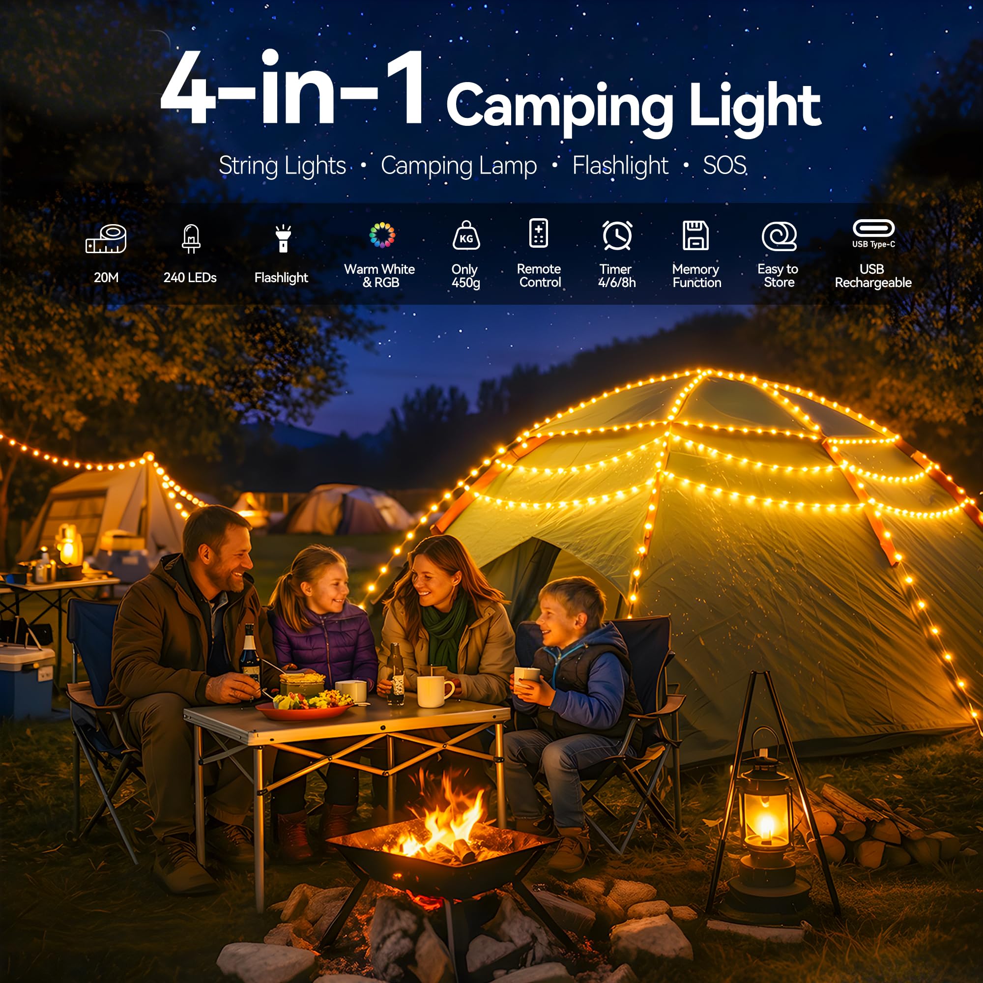 Guirlande lumineuse rétractable de 20 m, guirlande lumineuse RVB pour tente, rechargeable par USB-C, 15 modes d'éclairage, guirlande lumineuse d'ambiance à suspendre à l'extérieur, pour camping