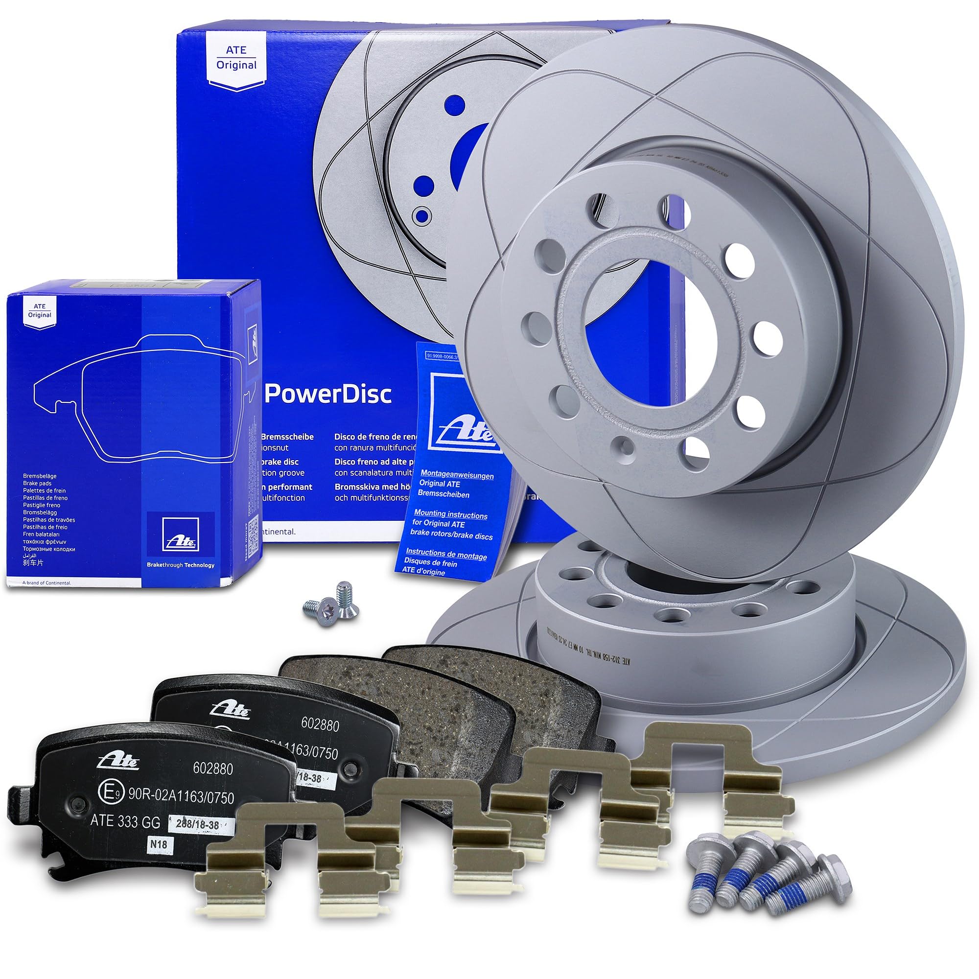 ATE Set di freni per asse posteriore+dischi freno posteriori PowerDisc ¯ 256mm completi e pastiglie freno posteriori Compatibile con AUDI, SEAT ALTEA, TOLEDO, SKODA OCTAVIA, SUPERB, VW CADDY, GOLF, JE