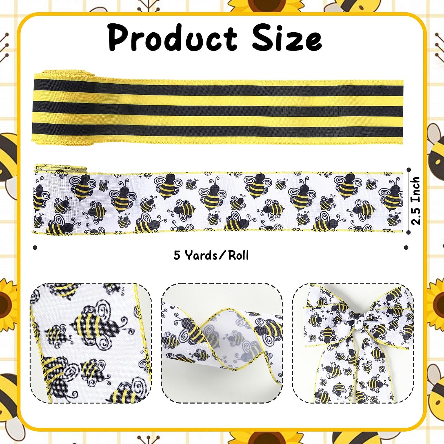 Bee Wired Ribbon 2 Rolls 10 Yards Bumble Bee Burlap Ribbon 2.5 Inch Honeybee Striped Ribbon Bees Day Decorative Ribbon for Gift Wrapping Crafts Flower Bouquet Wreath Bows Holiday Party Decor image 2