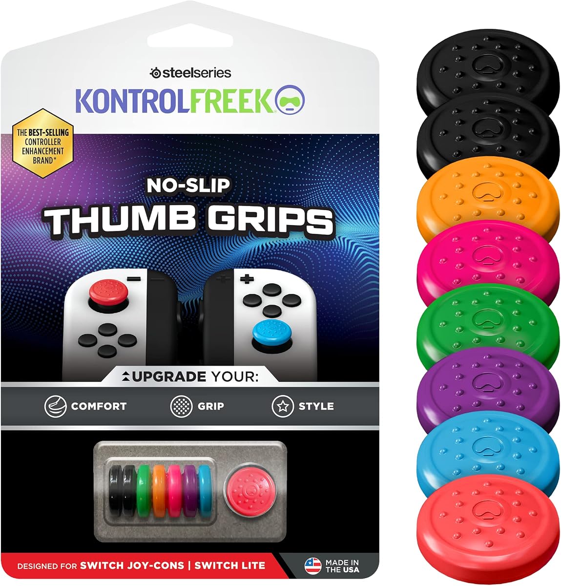 KontrolFreek Empuñaduras antideslizantes para el pulgar para el controlador Joy-Con de Nintendo Switch | Paquete de 8 | Azul/Verde/Rojo/Negro/Rosa/Púrpura/Naranja