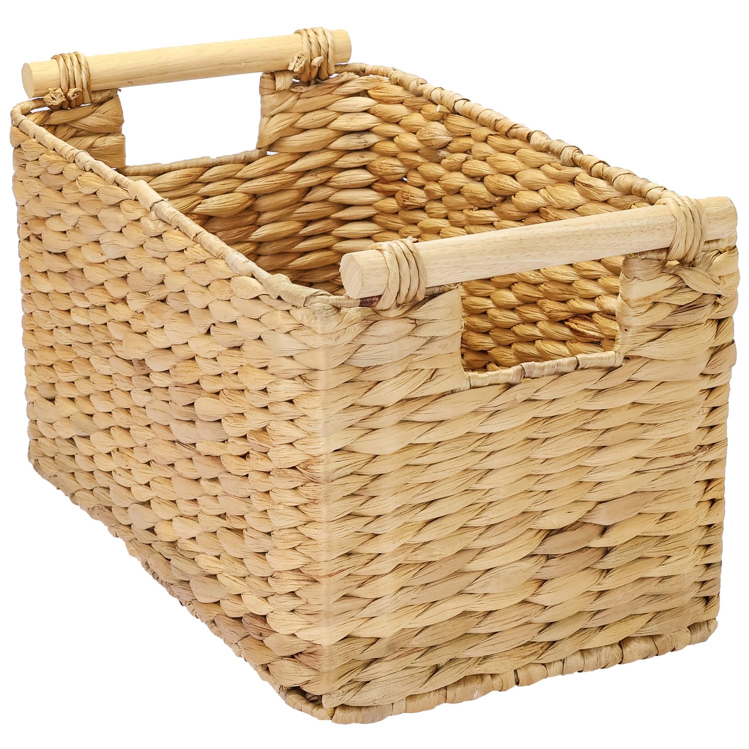 HMF Cesto portaoggetti intrecciato in giacinto d'acqua, Cesto decorativo con manici in legno per riporre oggetti in bagno, soggiorno, cucina | 37 x 22 x 20 cm | naturale