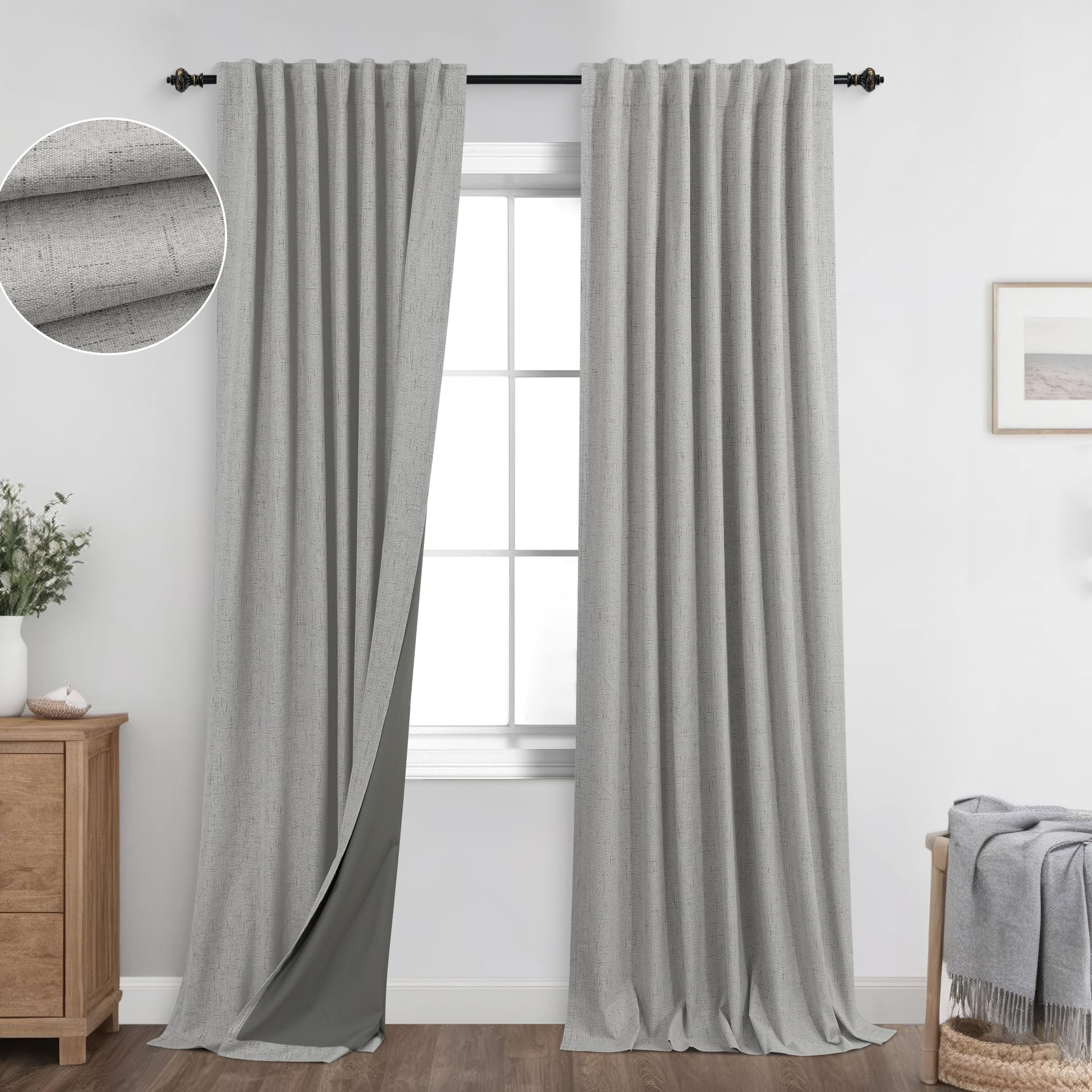KOUFALL Light Grey Back Tab Linen Blackout Curtains for Living Room 52x108 Inch Length — image 1