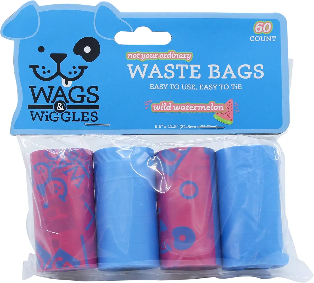 Wags &amp; Wiggles Large Scented Dog Waste Bags | Watermelon Scented Dog Poop Bags | Waste Bags for All Dogs, Great for Everyday Use and Dog Walking | 4 Rolls of Doggie Bags, 60 Count
