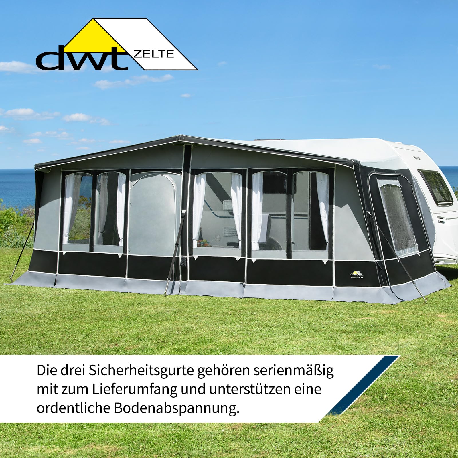 DWT aufblasbares Vorzelt für Wohnwagen - Prime Air II - herausnehmbare Vorder- und Seitenwände - Ganzzelt 240 cm Tiefe - Air-In-System
