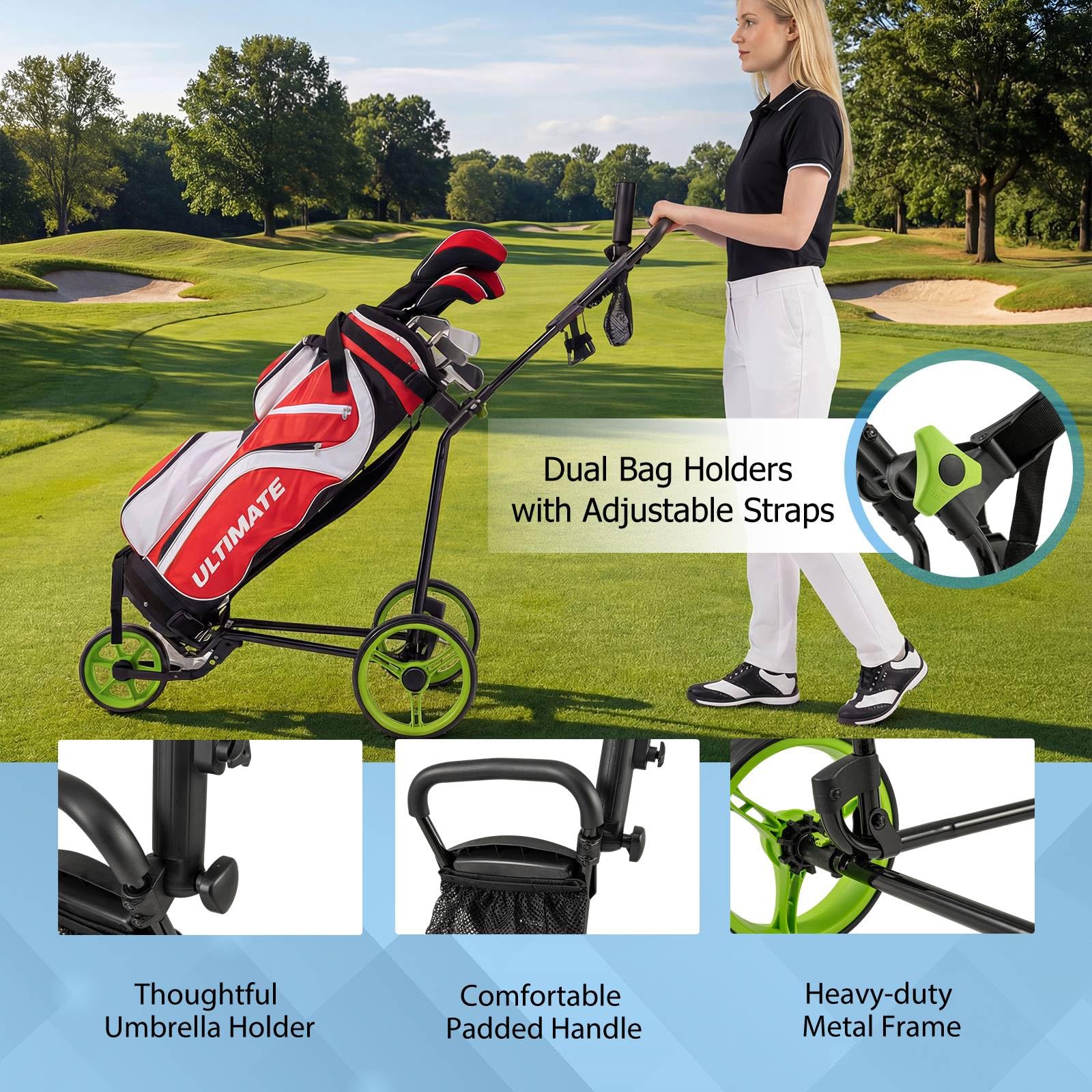 GYMAX Carrello da Golf, Pieghevole a 3 Ruote (Verde)