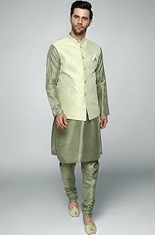 Uri and MacKenzie Men's Silk Blend Kurta Churidar Pyjama with Stylish Nehru Jacket