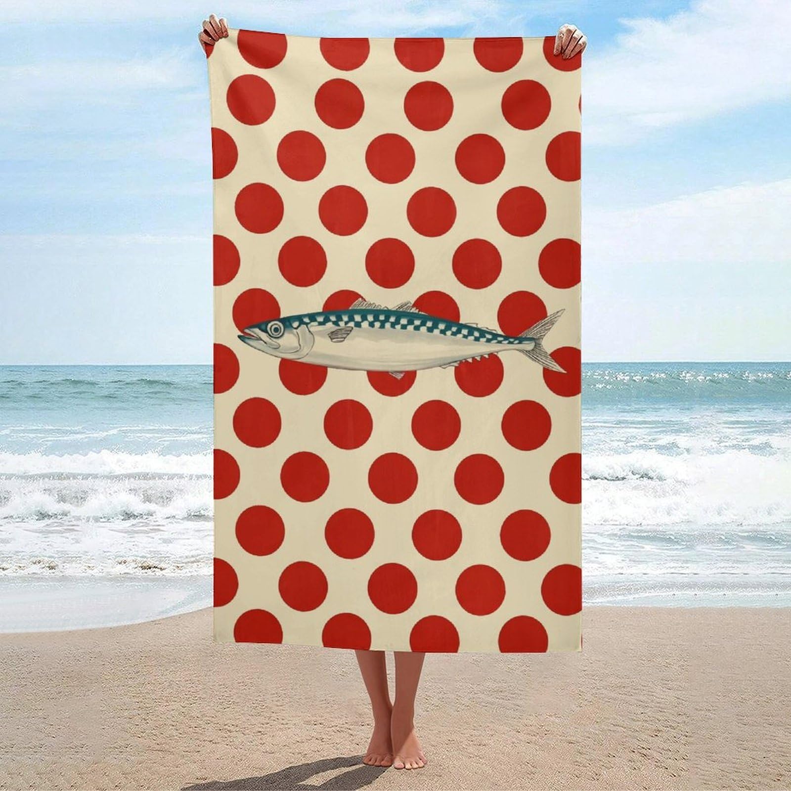 asbwuo Mackerel on Red Polka Dot Beach Towel