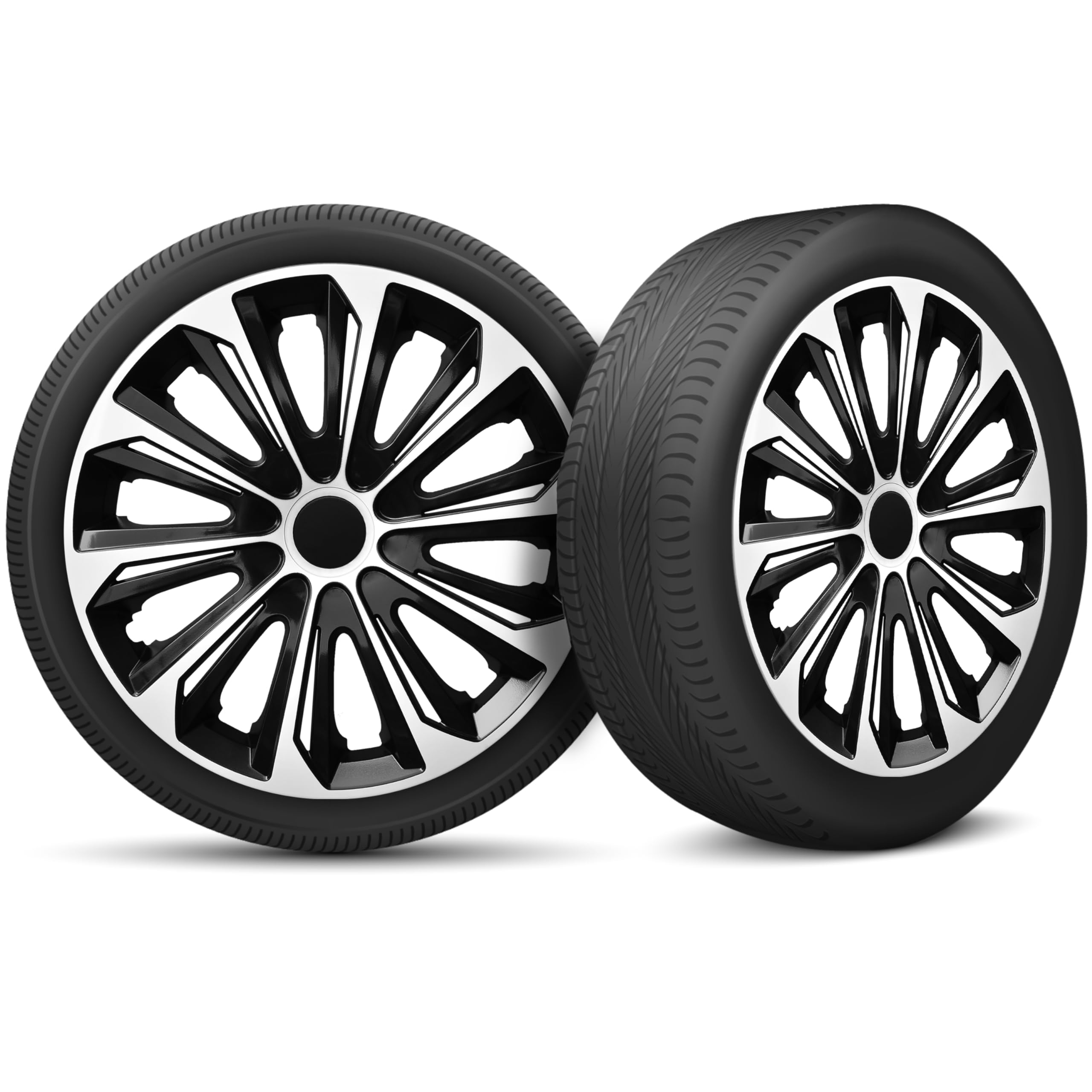 Moltico Copricerchi - Set Copricerchi Universale 4 Pezzi - Adatto a Tutti i Cerchi in Acciaio - Copri Cerchioni - Anello di Sicurezza Regolabile - Bianco-Nero - 14 Pollici