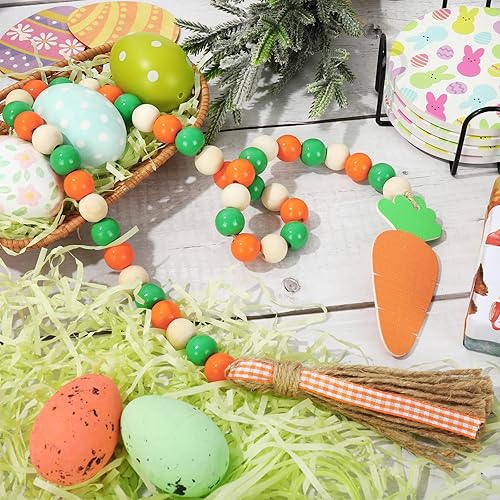 Miniatura 7 de Whaline Guirnalda de cuentas de madera de Pascua con borla, adorno de zanahoria, rústico, granja, cuentas de madera natural, decoración colgante