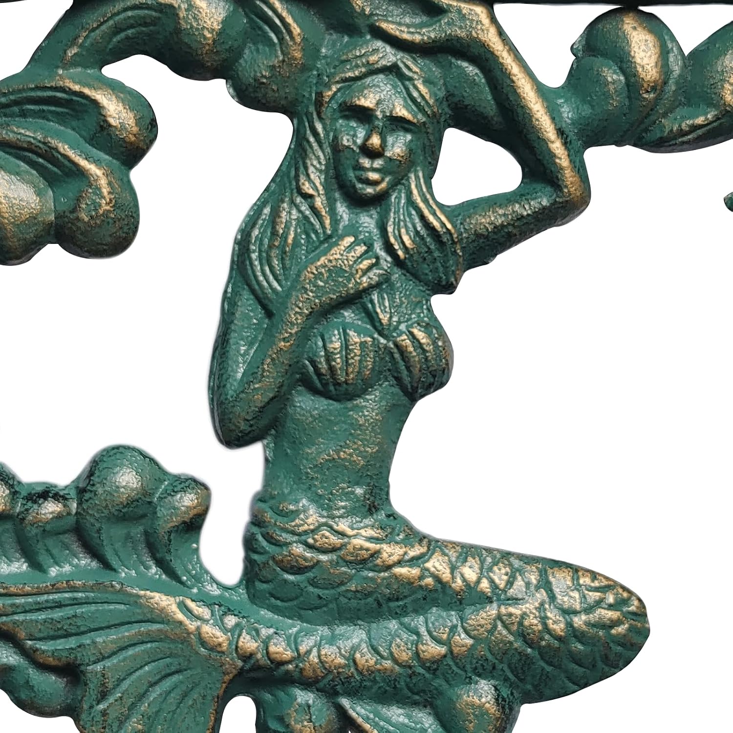 2pcs Rustic Cast Iron Mermaid Shelf Brackets Nautical Wrought Iron Wall Mount Shelf Bracket（Color-Gold/Green）