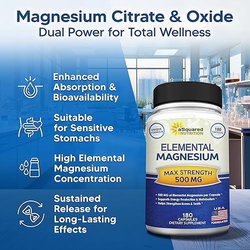 Miniatura 7 de aSquared Nutrition Suplemento de magnesio elemental, 180 cápsulas, fórmula de citrato de magnesio y óxido de 500 mg, píldoras Mag para dormir y