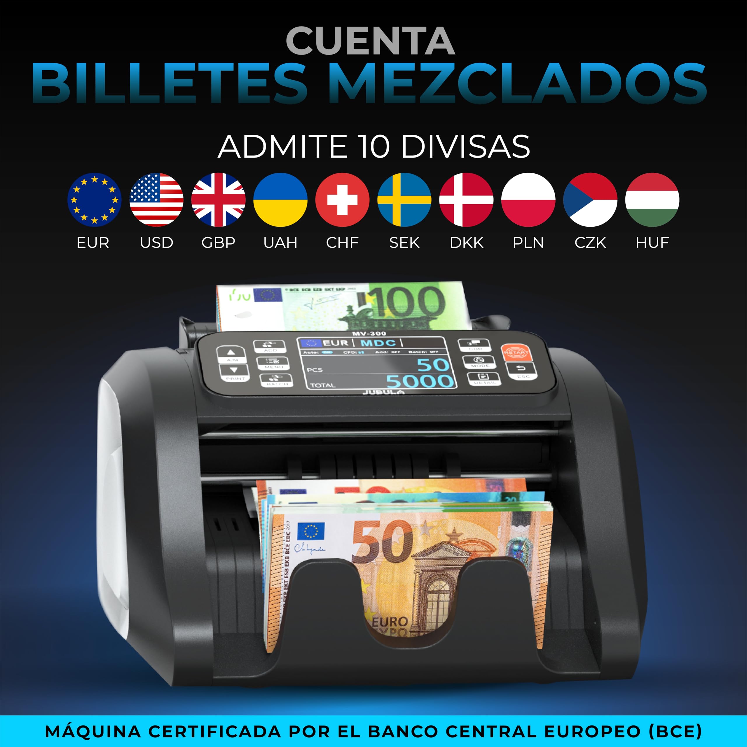 MV-300 Contador de Billetes Mixtos con 8 Veces Reconocimiento de Falsos EUR USD GBP