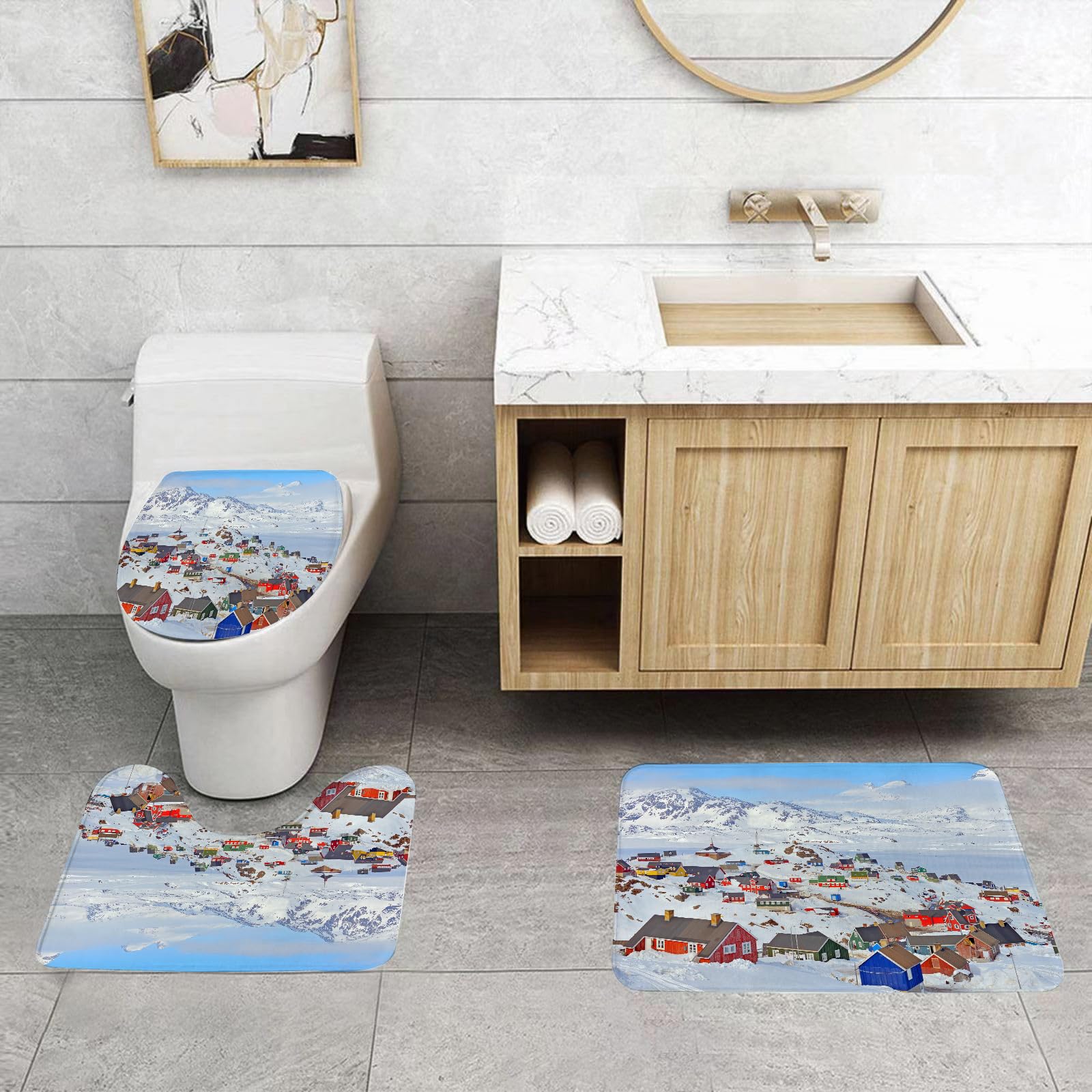 Set di 3 tappetini da Bagno, Lavabili in Lavatrice e Antiscivolo, tappetini in Morbida Fibra Superfine, raffiguranti la Città di Ilulissat in Groenlandia Durante l'inverno (2)