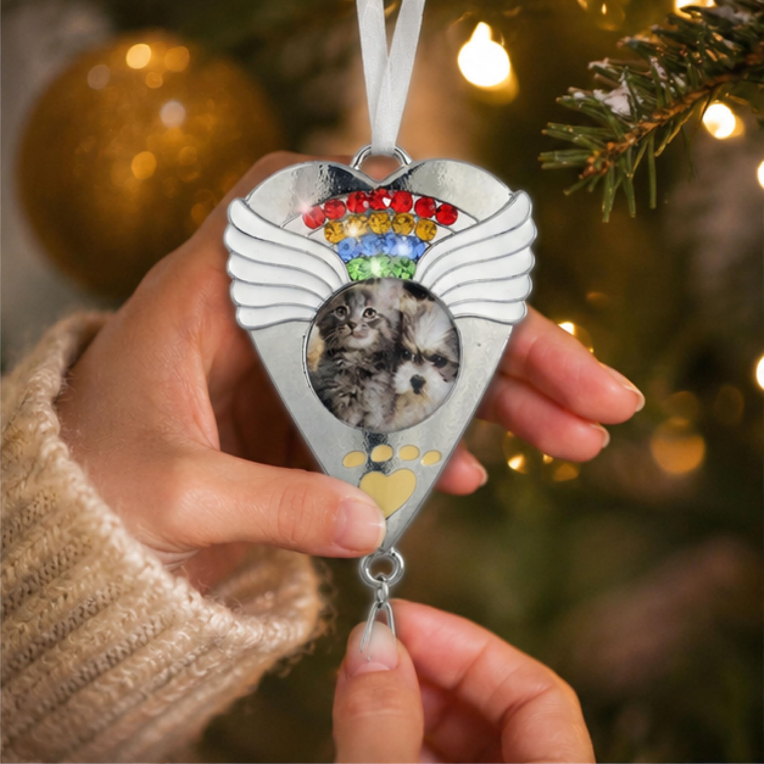 BANBERRY DESIGNS Rainbow Bridge Pet Memorial Ornament - Silver Heart Shaped Photo Ornament with Rainbow Crystals - Rainbow Bridge Poem Printed on Gift Box