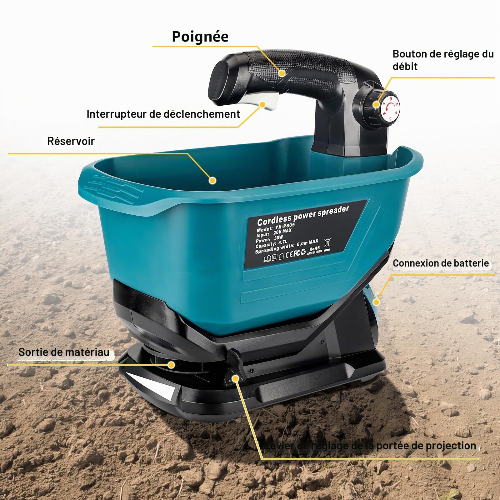 YEX-BUR Épandeur d'engrais portable pour batterie au lithium Makita 18 V, épandeur manuel avec réglage de la vitesse de rotation à 5 niveaux, 3,7 l, couvre jusqu'à 743 m² (sans batterie)