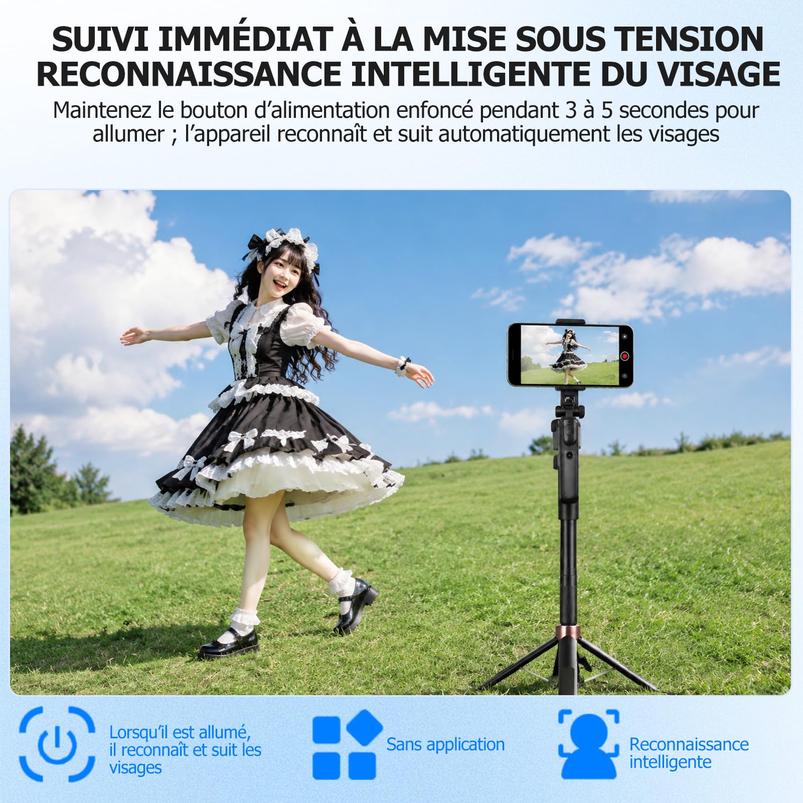 Trépied de téléphone portable pour smartphone - Rotation à 360° - Perche à selfie automatique avec 4 pieds - 160 cm - Avec télécommande - Contrôle par gestes - Pour Vlog Live Stream Travel
