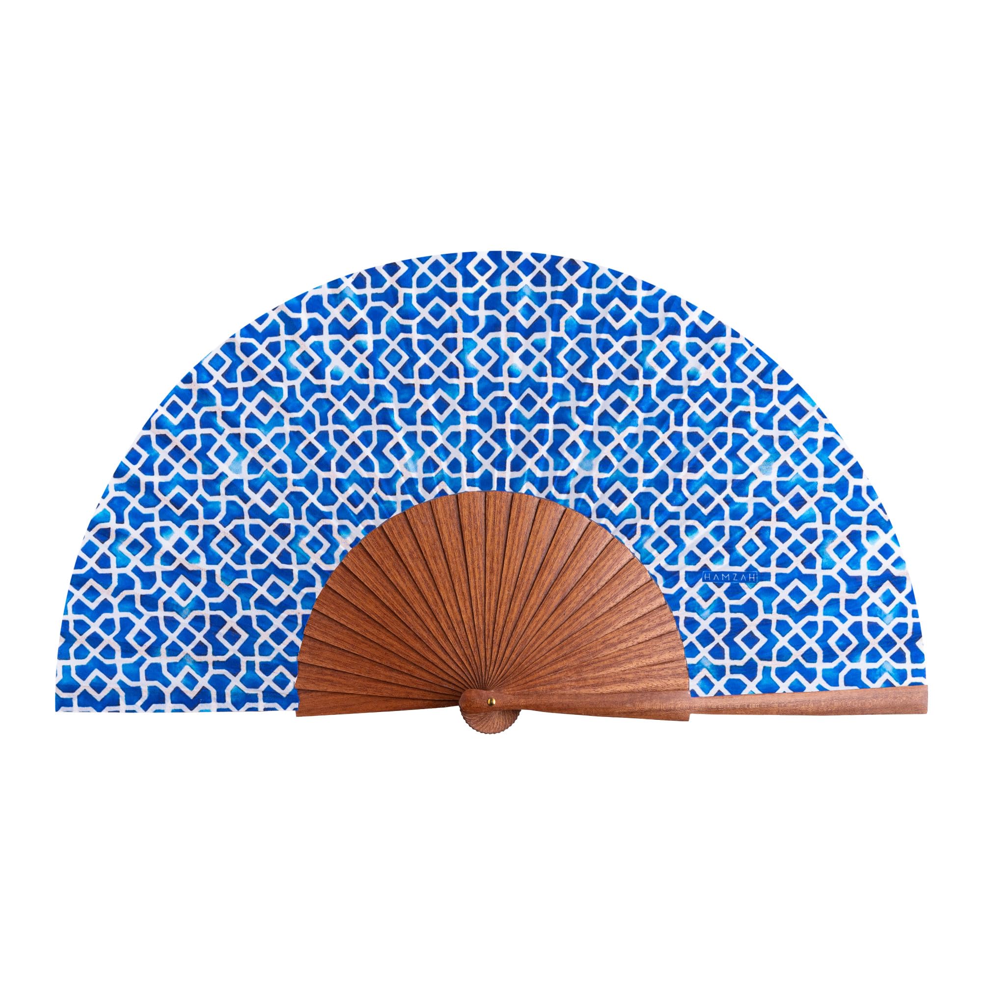 Abanico Español de Seda y Madera – Plegable 23 cm Hecho a Mano en España, Incluye Caja y Funda de Terciopelo - Hamzah (Alcazaba Azul)